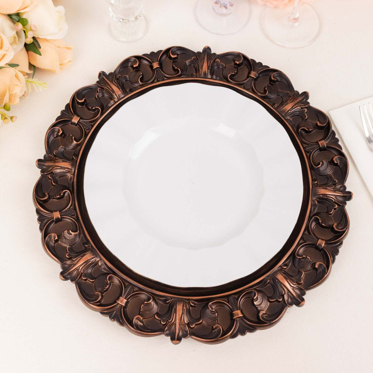 6-Pack Acrylic Charger Plates 13" Round Dark Brown with Aristocrat Retro Baroque Rim - Ornate Plastic Decorative Chargers
